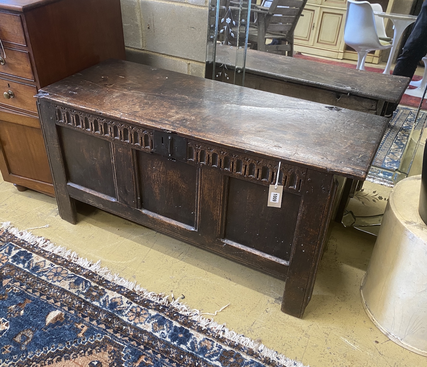 A late 17th / early 18th century oak coffer, length 104cm, depth 40cm, height 55cm